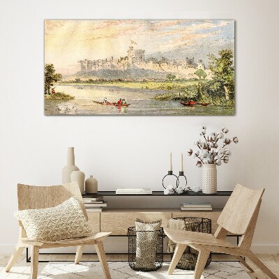 Glas foto Een kasteel aan de rivier in pastelkleuren