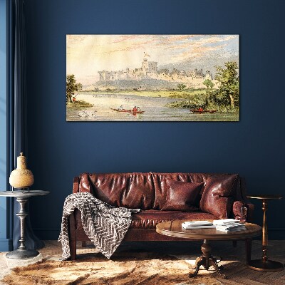 Glas foto Een kasteel aan de rivier in pastelkleuren