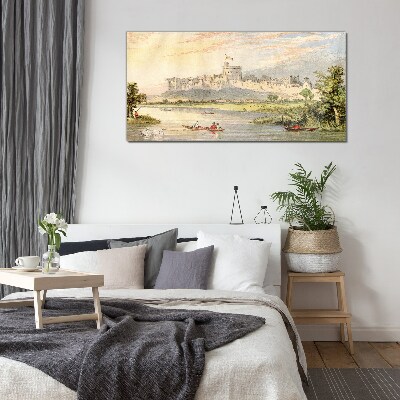 Glas foto Een kasteel aan de rivier in pastelkleuren