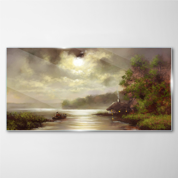 Schilderij op glas Een vredig landschap aan het water