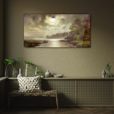 Schilderij op glas Een vredig landschap aan het water