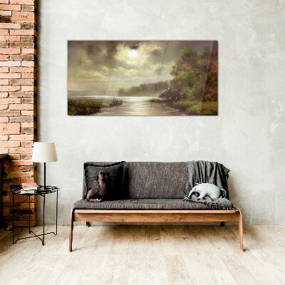 Schilderij op glas Een vredig landschap aan het water