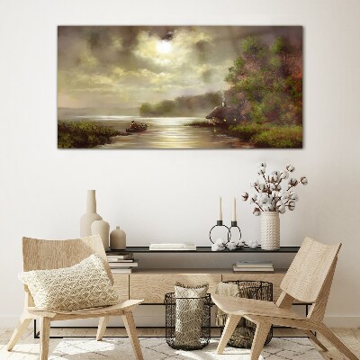 Schilderij op glas Een vredig landschap aan het water