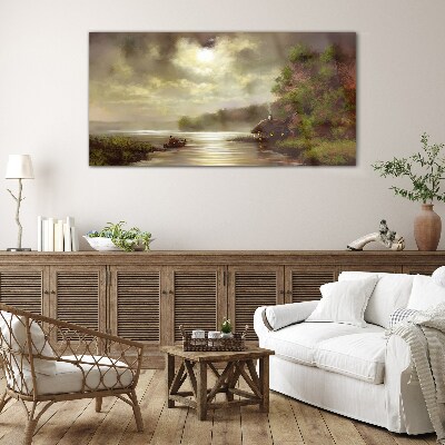 Schilderij op glas Een vredig landschap aan het water