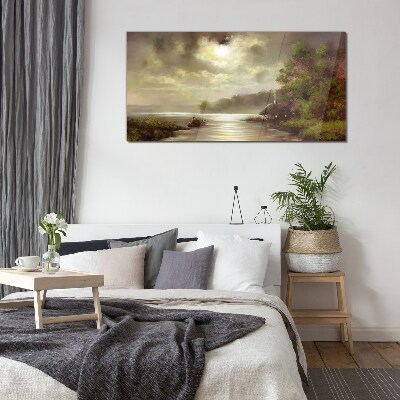 Schilderij op glas Een vredig landschap aan het water