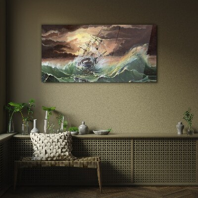 Foto op glas Stormachtige oceaan met een gezonken schip