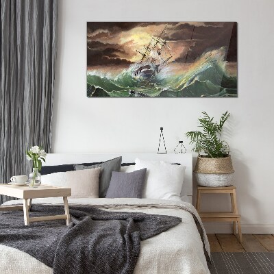 Foto op glas Stormachtige oceaan met een gezonken schip