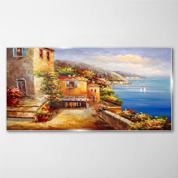 Schilderij op glas Een kustdorpje in de zon