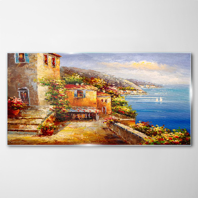 Schilderij op glas Een kustdorpje in de zon
