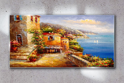 Schilderij op glas Een kustdorpje in de zon