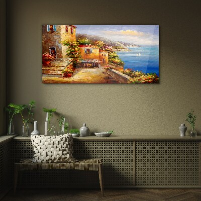 Schilderij op glas Een kustdorpje in de zon
