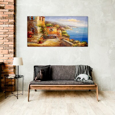 Schilderij op glas Een kustdorpje in de zon
