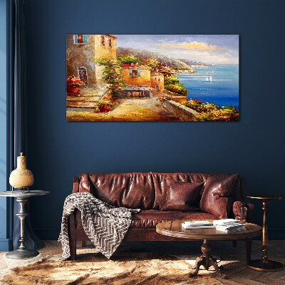 Schilderij op glas Een kustdorpje in de zon