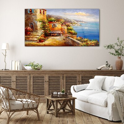 Schilderij op glas Een kustdorpje in de zon