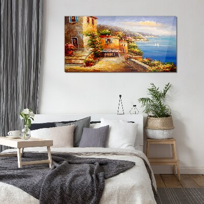 Schilderij op glas Een kustdorpje in de zon