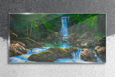 Schilderij op glas Een vredige waterval in een bosrijke omgeving
