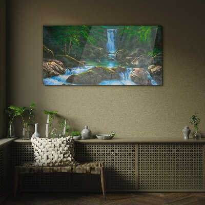 Schilderij op glas Een vredige waterval in een bosrijke omgeving