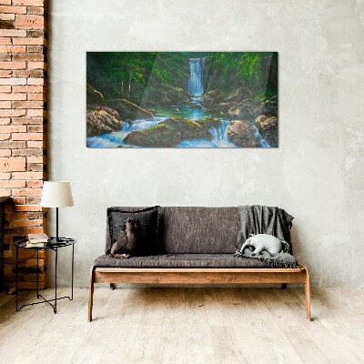 Schilderij op glas Een vredige waterval in een bosrijke omgeving