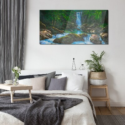 Schilderij op glas Een vredige waterval in een bosrijke omgeving