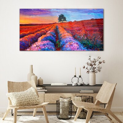 Schilderij op glas Landschap van lavendelvelden bij zonsondergang