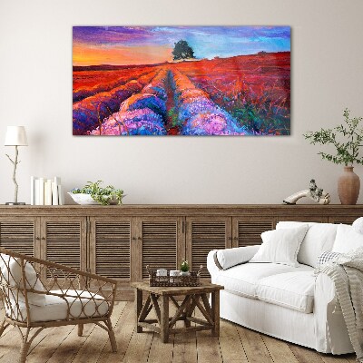 Schilderij op glas Landschap van lavendelvelden bij zonsondergang