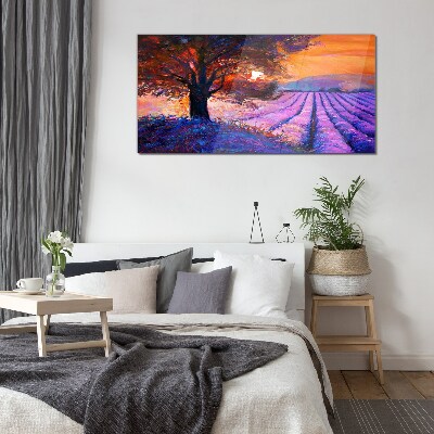 Foto op glas Paars landschap bij zonsondergang