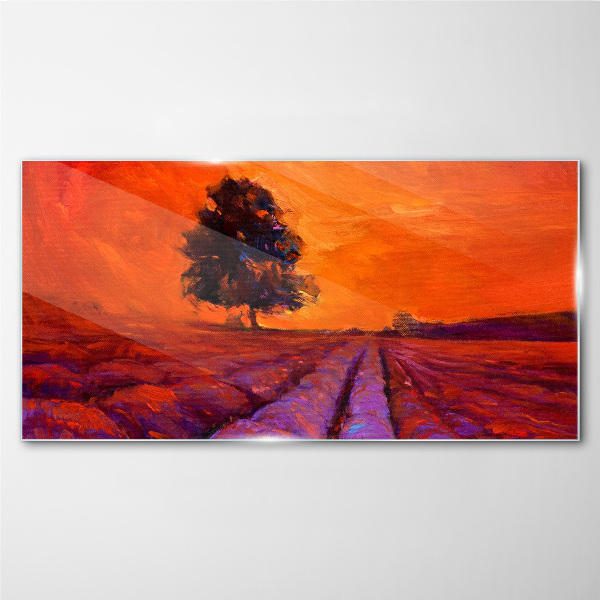 Glas foto Zonsondergang over de velden