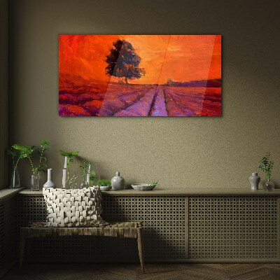 Glas foto Zonsondergang over de velden