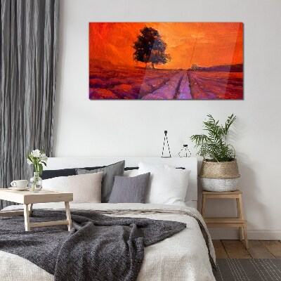 Glas foto Zonsondergang over de velden