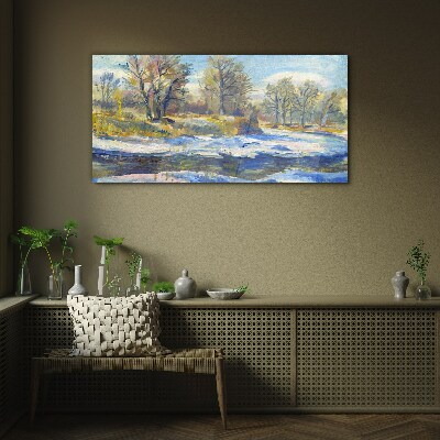 Foto op glas Winterlandschap met een rivier