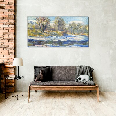 Foto op glas Winterlandschap met een rivier