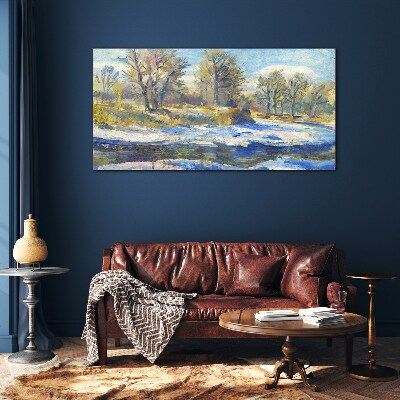 Foto op glas Winterlandschap met een rivier