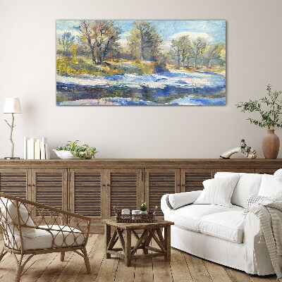 Foto op glas Winterlandschap met een rivier