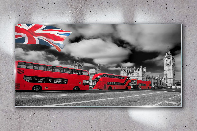 Glas foto Rode Londense bussen met de Britse vlag