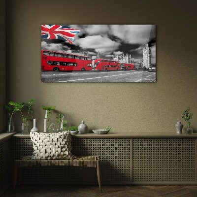 Glas foto Rode Londense bussen met de Britse vlag