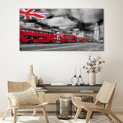 Glas foto Rode Londense bussen met de Britse vlag