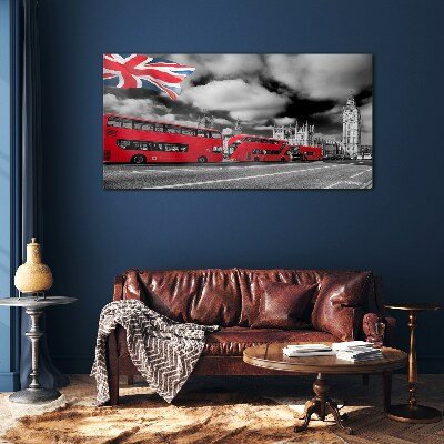 Glas foto Rode Londense bussen met de Britse vlag
