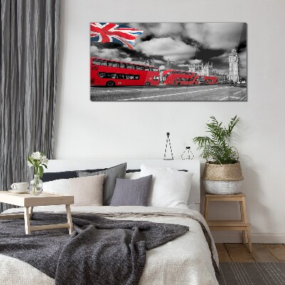 Glas foto Rode Londense bussen met de Britse vlag