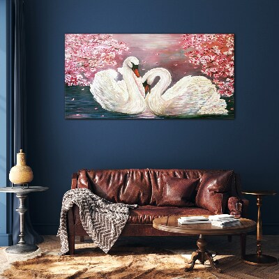 Foto op glas Zwanenliefde in een bloeiende boomgaard
