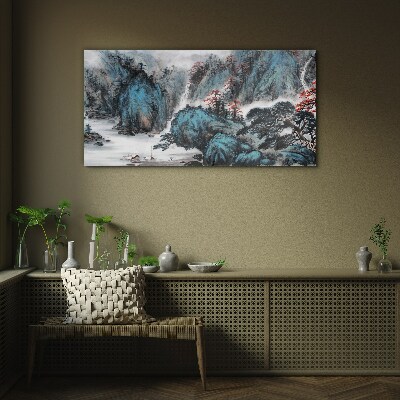 Foto op glas Een vredig berglandschap met een waterval