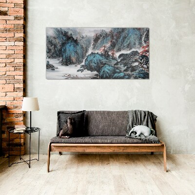 Foto op glas Een vredig berglandschap met een waterval