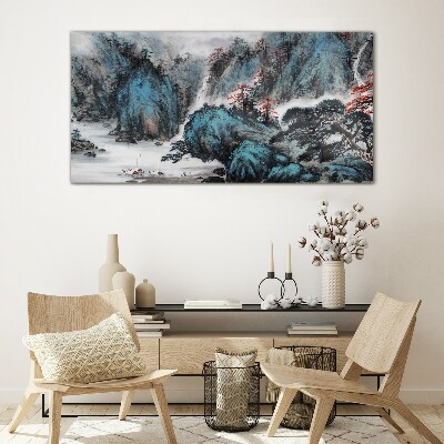 Foto op glas Een vredig berglandschap met een waterval