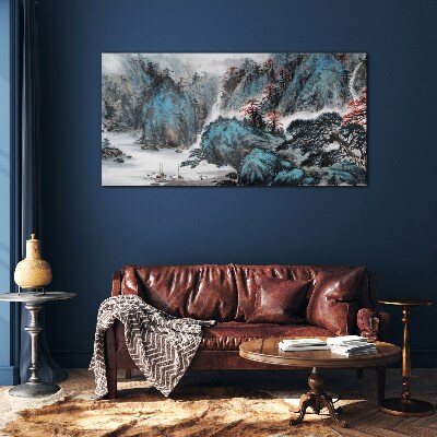 Foto op glas Een vredig berglandschap met een waterval