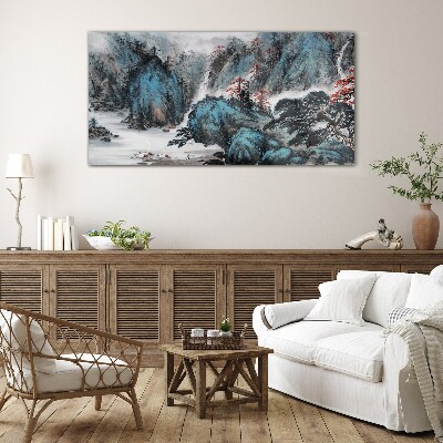 Foto op glas Een vredig berglandschap met een waterval