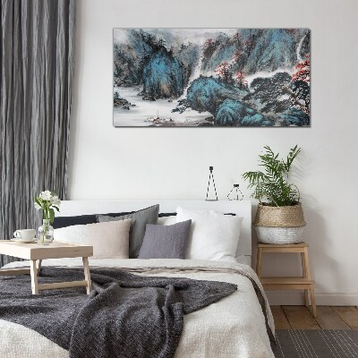 Foto op glas Een vredig berglandschap met een waterval