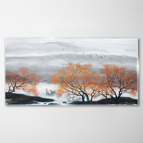 Glas foto Herfstmist boven het meer