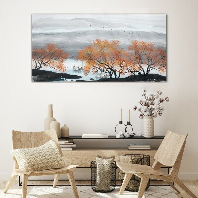 Glas foto Herfstmist boven het meer