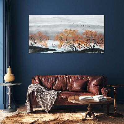 Glas foto Herfstmist boven het meer