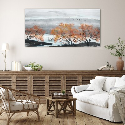 Glas foto Herfstmist boven het meer