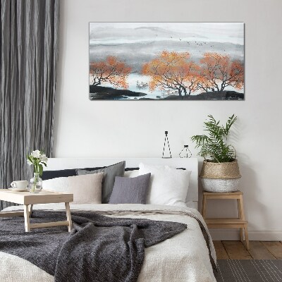 Glas foto Herfstmist boven het meer